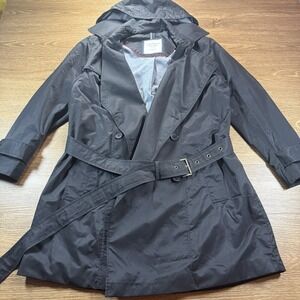 Tommy Hilfiger Women's XL Black Belted Trench Coat Hooded Mid Length Jacket